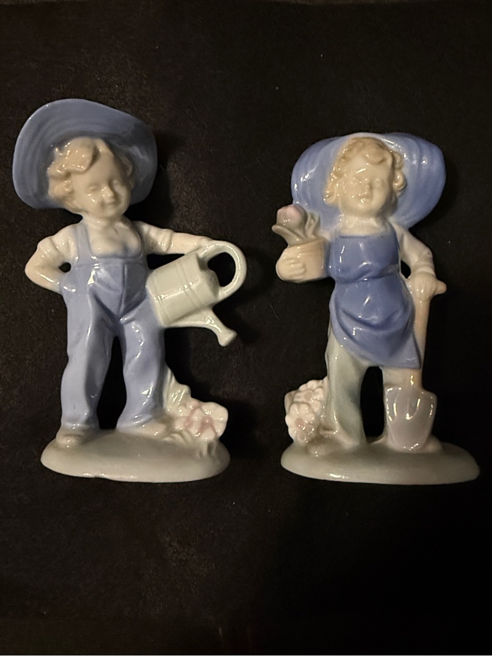 Pair of Ceramic Garden Boy & Girl Figurines in Light Blue and White